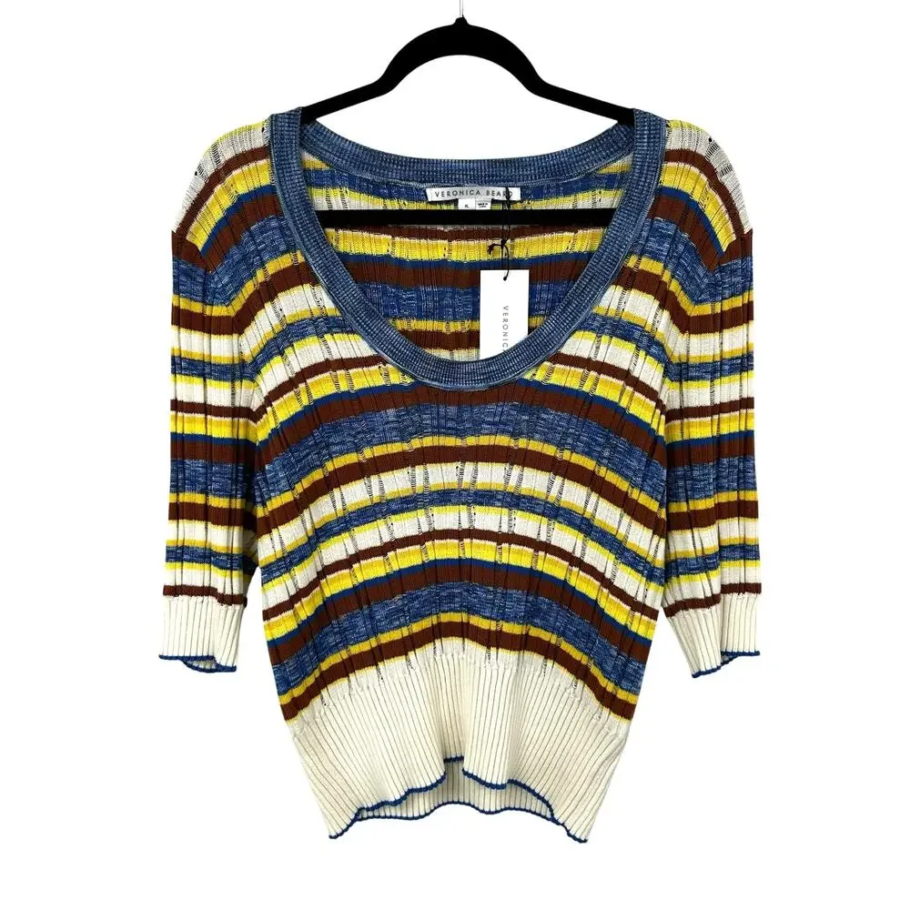 NWT Veronica Beard Stripe Chantal Scoop Neck Ribbed Sweater Yellow Blue Size XL